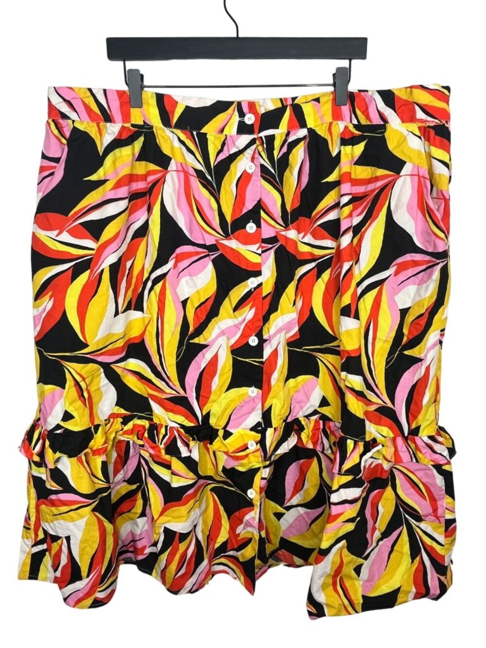 The Get Womens Plus 2X Midi Skirt Boho Ruffle Hem Pink Yellow Print